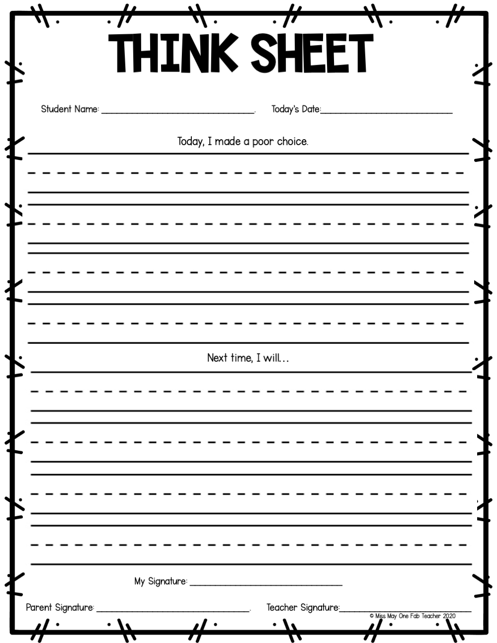 Behavior Think Sheets for Elementary Students