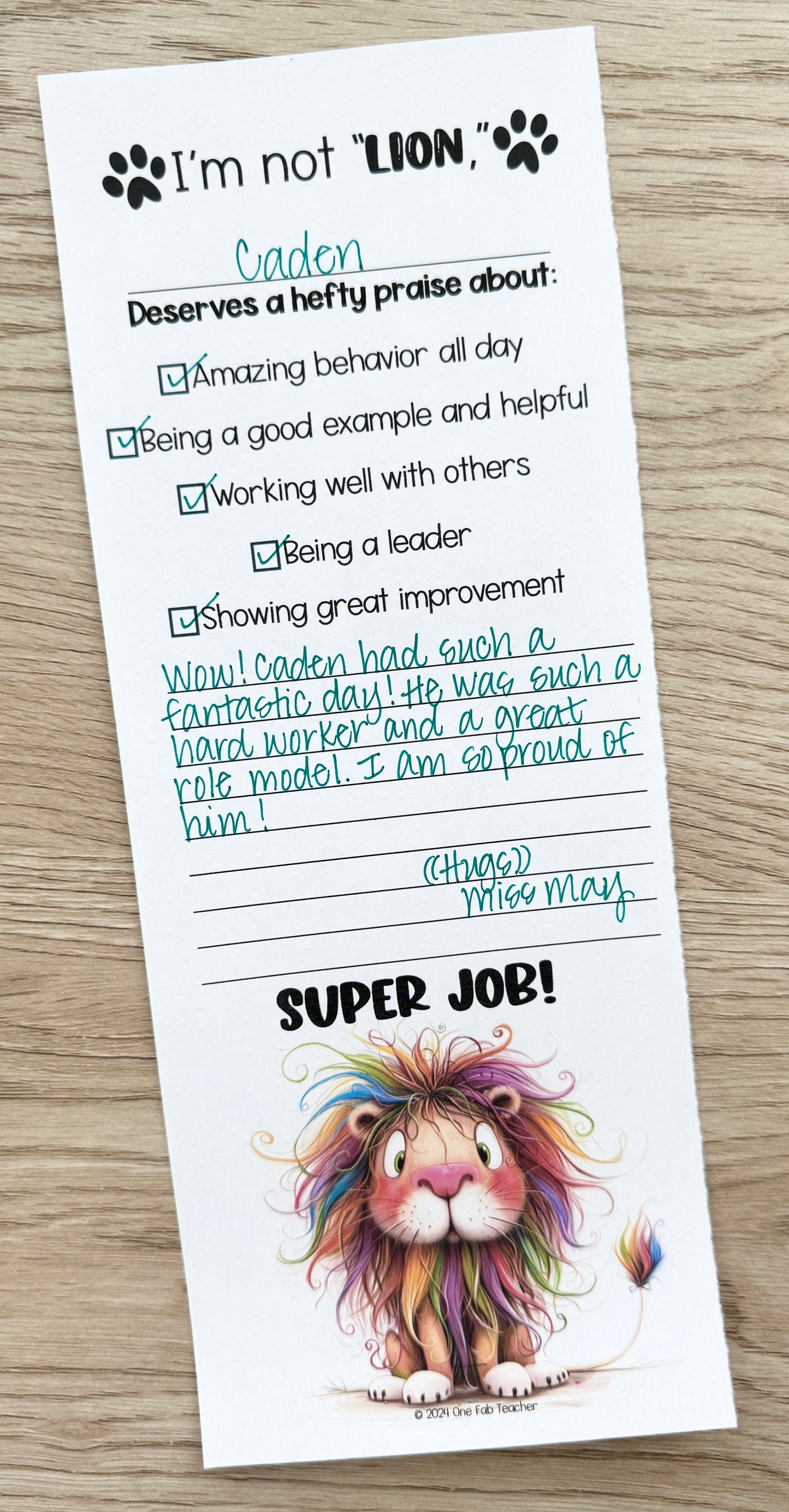 Good Behavior Form for the Elementary Classroom