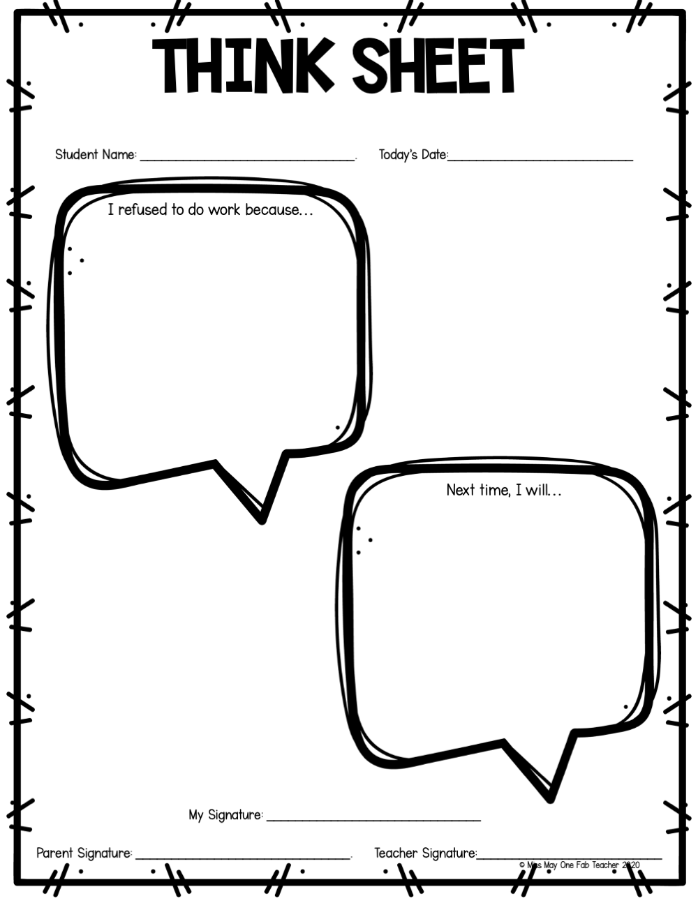 Behavior Sheet for Students Students Think Sheets One Fab Teacher