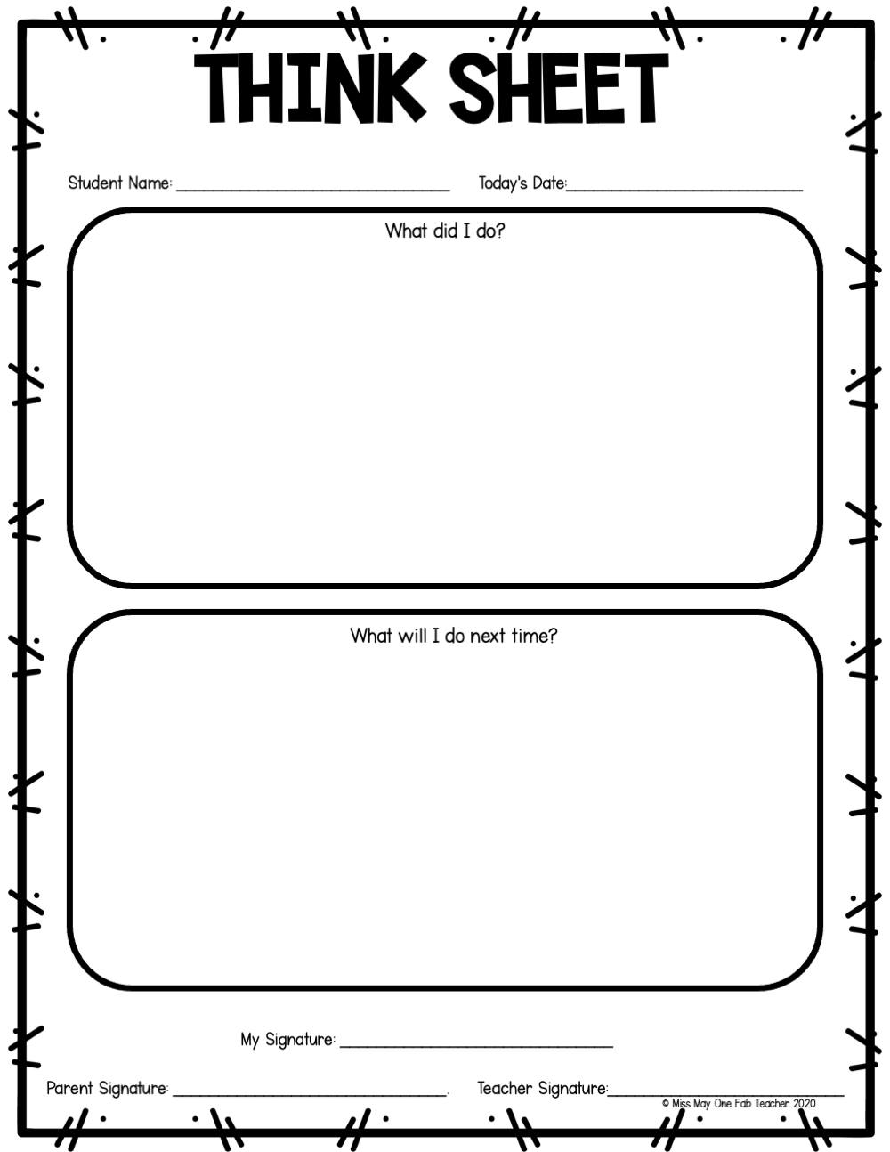 Behavior Sheet for Students Students Think Sheets One Fab Teacher
